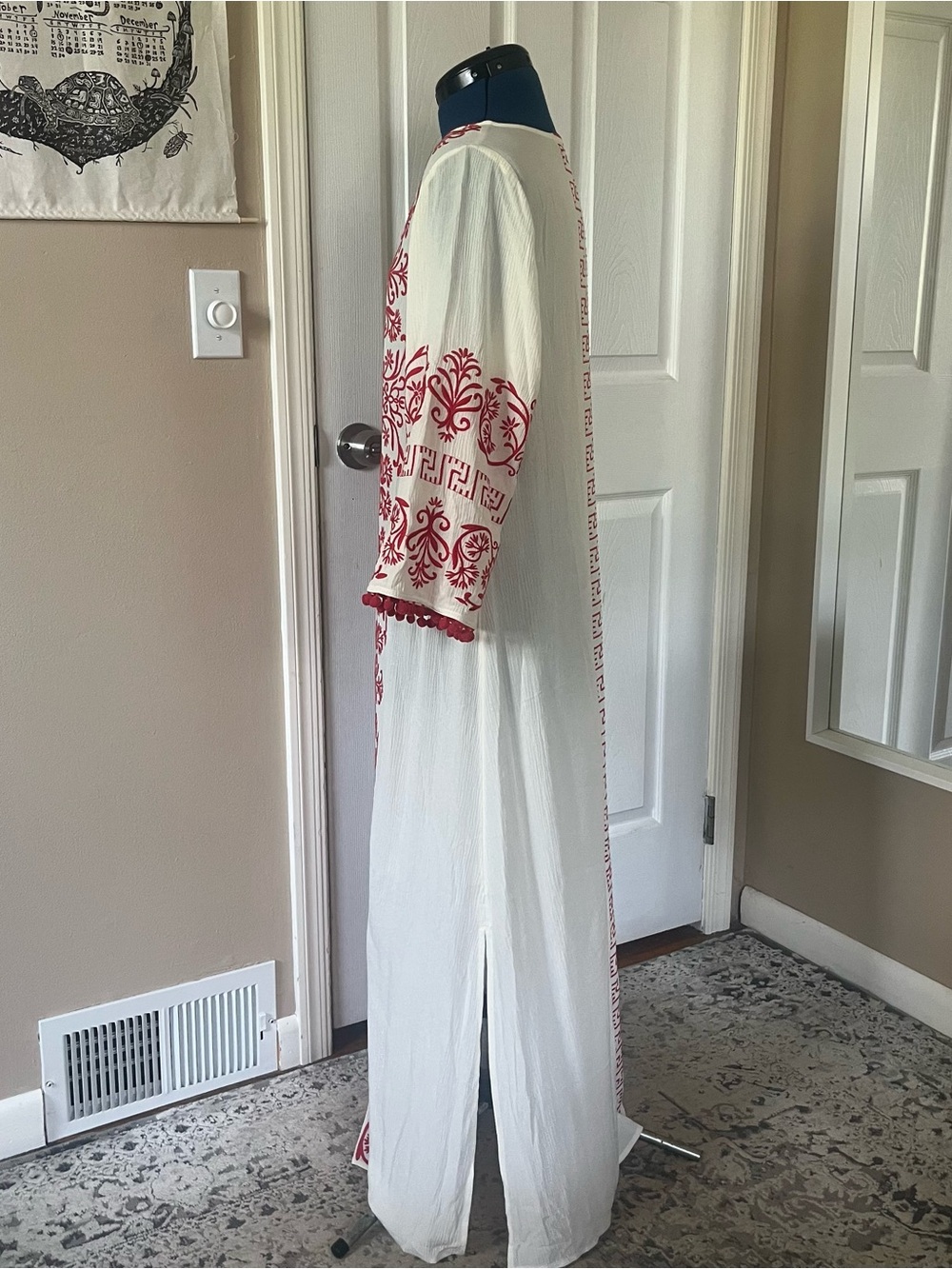 Red and white semi sheer embroidered caftan cover up, super cute Pom Pom sleeves - Picture 7 of 10